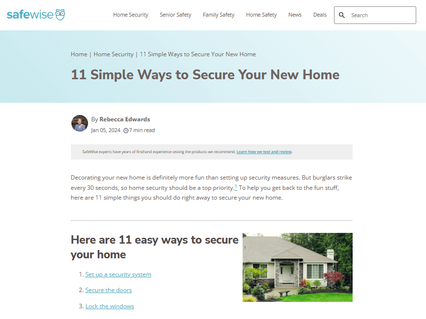 A screenshot of SafeWise blog post named “11 Simple Ways to Secure Your New Home”