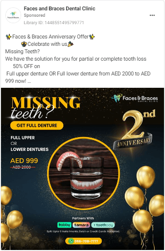 Advertisement for Faces and Braces Dental Clinic's 2nd Anniversary Offer, featuring a discount on dentures.