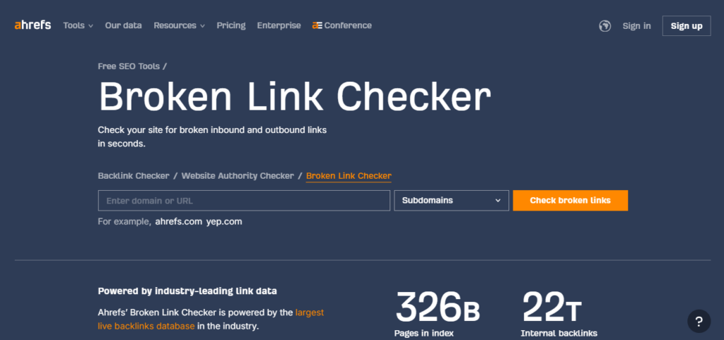 Ein Bild der Ahrefs broken link checker tool Webseite