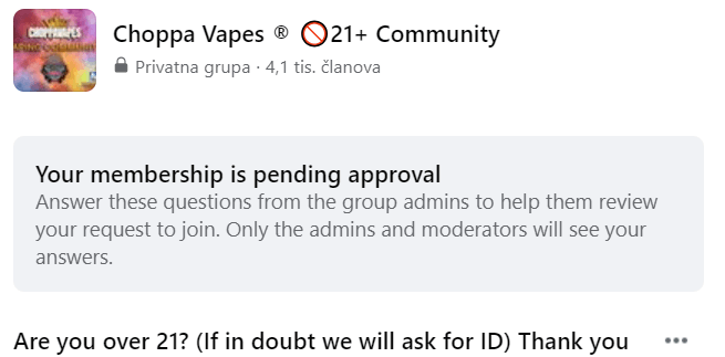 Choppa Vapes Facebook age verification request