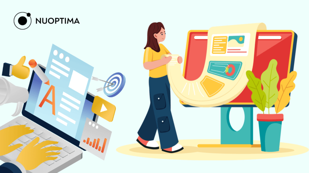 Illustration showing a person with various digital marketing tools, including a computer screen with analytics, a target with an arrow, and a content creation process, representing a comprehensive content marketing strategy.