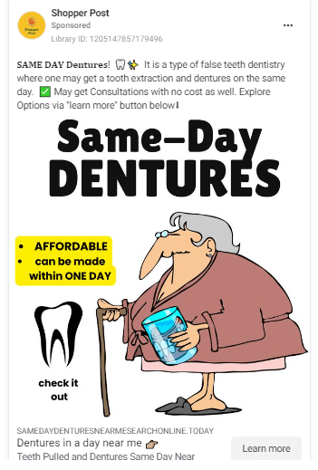 A Facebook ad for dentists that contains humor element