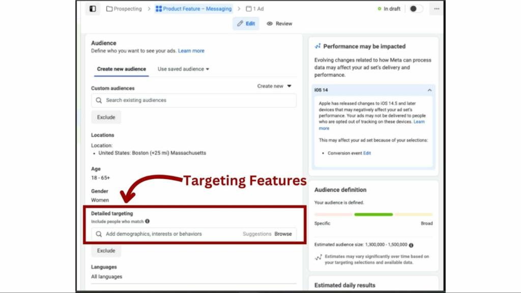 Facebook’s detailed targeting features for demographics, interests, and behaviors