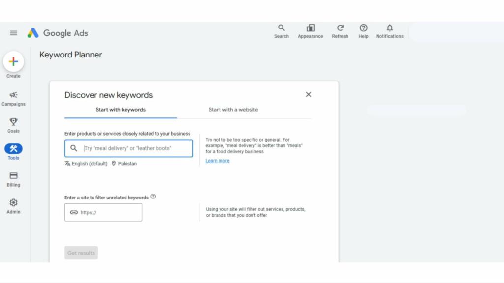 Google Keyword Planner dashboard showing the “tools” section