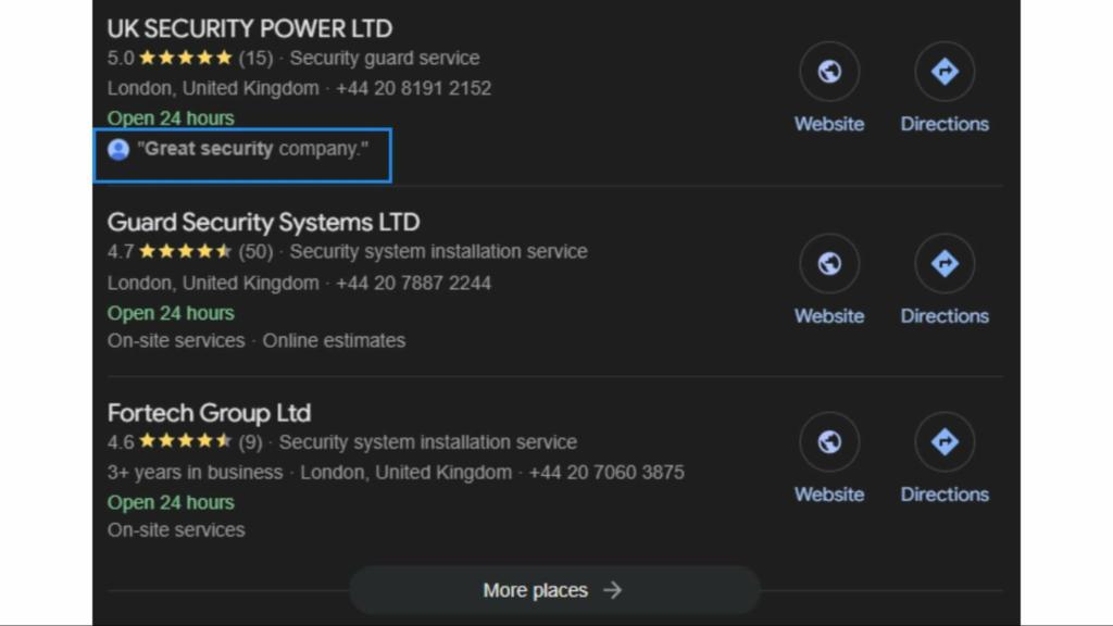 Google My Business profiles for UK security companies and the best review pulled out by Google for the top-performing result
