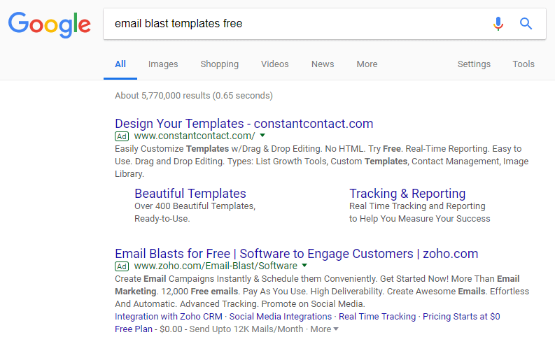 Google SERPS showing search ads for “email blast templates free” search query