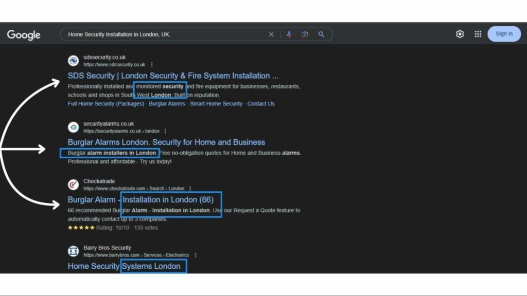 Google SERPs displaying organic listing for the local search “Home Security Installation in London, UK”