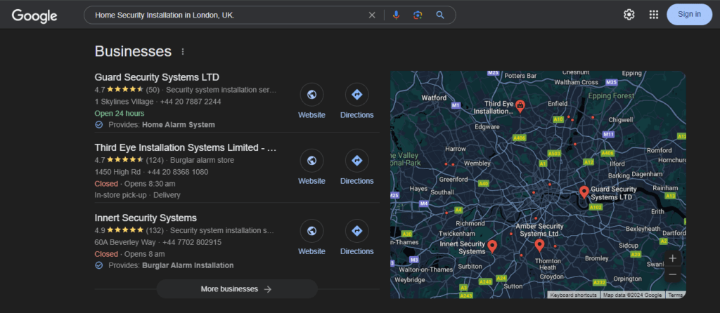 Google SERPs showing business results for the search query “Home Security Installation in London, UK”