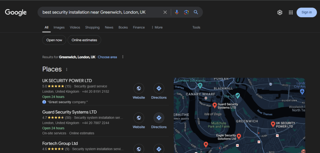 Google SERPs showing the places section for the search query “best security installation near Greenwich, London, UK”