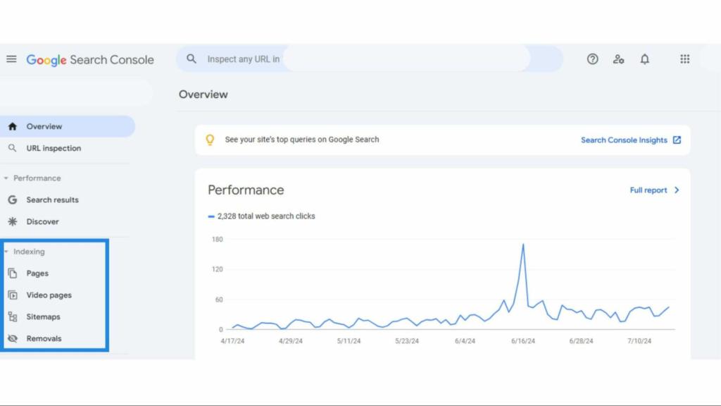 Google Search Console Dashboard showing ‘sitemaps’ options under indexing toggle menu