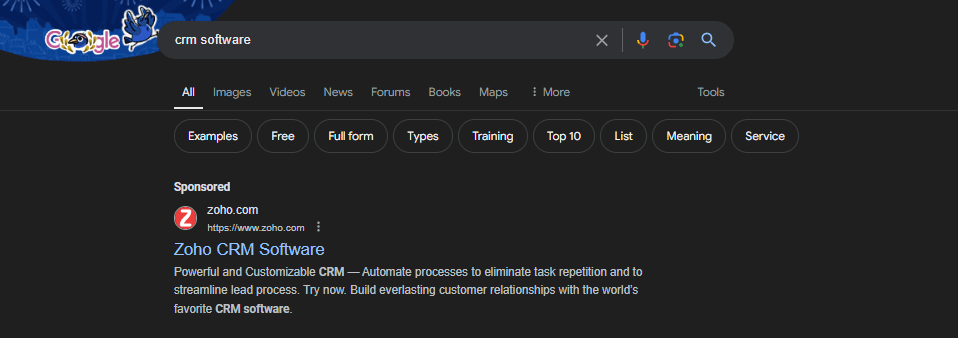 Screenshot showing the top search result for "CRM software" on Google, with Zoho CRM appearing as a sponsored result.