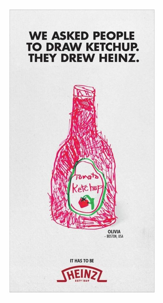 Advertisement featuring a childlike drawing of a Heinz ketchup bottle with the text, "We asked people to draw ketchup. They drew Heinz."