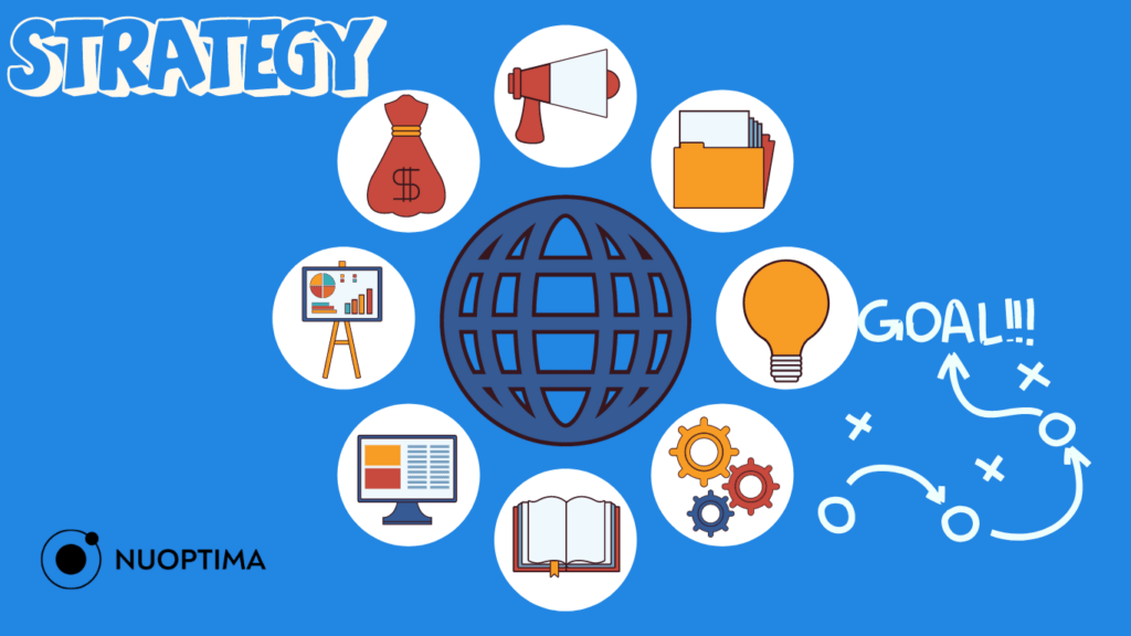 A blue-themed strategy infographic with the word "Strategy" in a playful font at the top left. The center features a globe with surrounding icons representing various strategic elements like a megaphone, light bulb, chart, gears, and a dollar sign. 