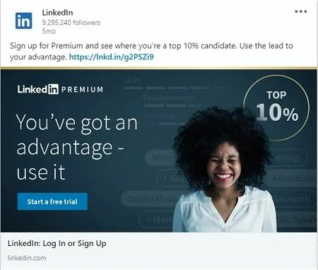 LinkedIn Ad advertising its premium services