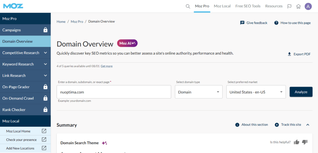 MOZ dashboard showing domain overview stats