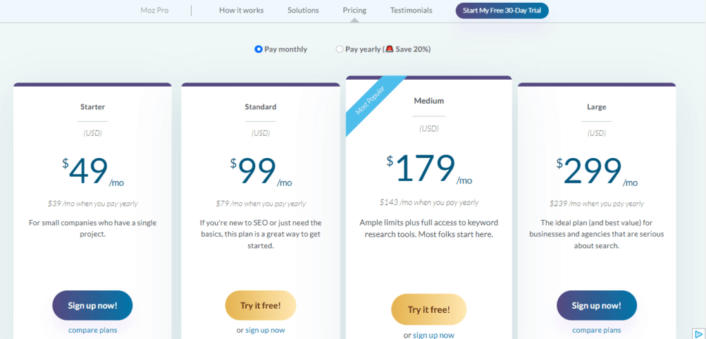 An image showing MOZ pricing plans