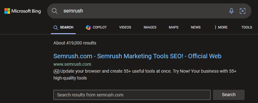 Microsoft-Suchanzeige für die Suchanfrage "semrush"