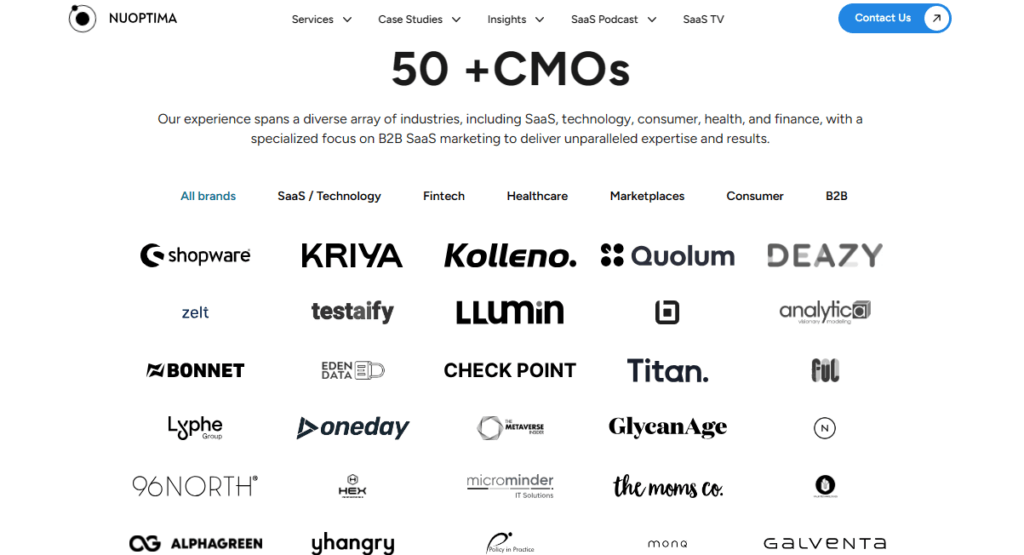 NUOPTIMA’s homepage illustration showing their work with 50+ CMOs