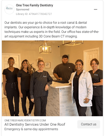 One Tree Family Dentistry Facebook-Anzeige für Zahnärzte Beispiel