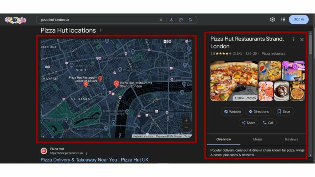 Pizza Hut’s Google My Business profile and the business overview in the SERPs