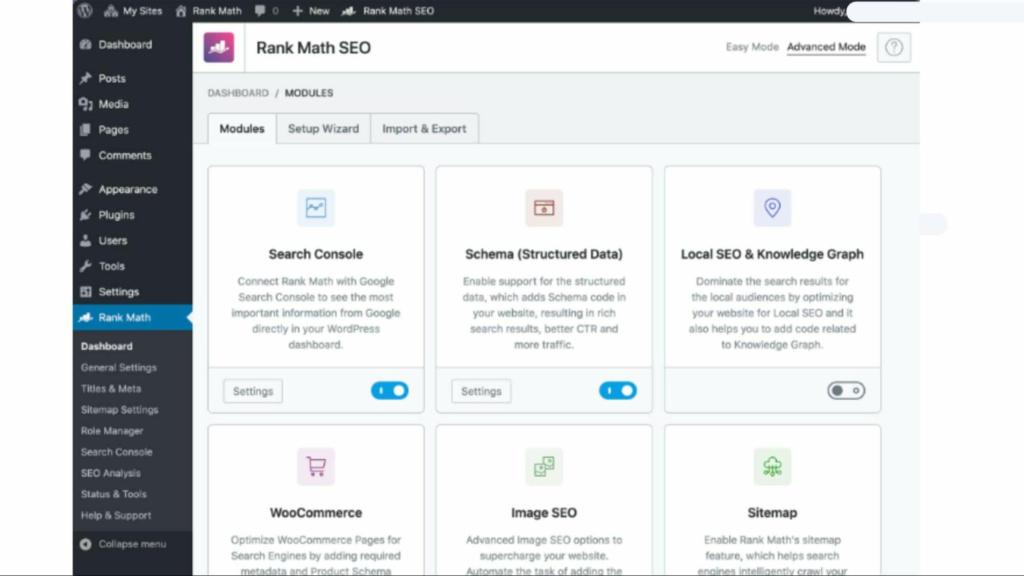 RanMath SEO Plugin Dashboard Bildschirm in WordPress