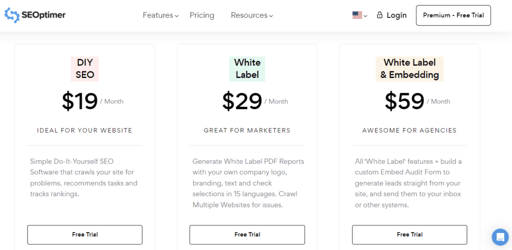 An image showing SEOptimer pricing plans