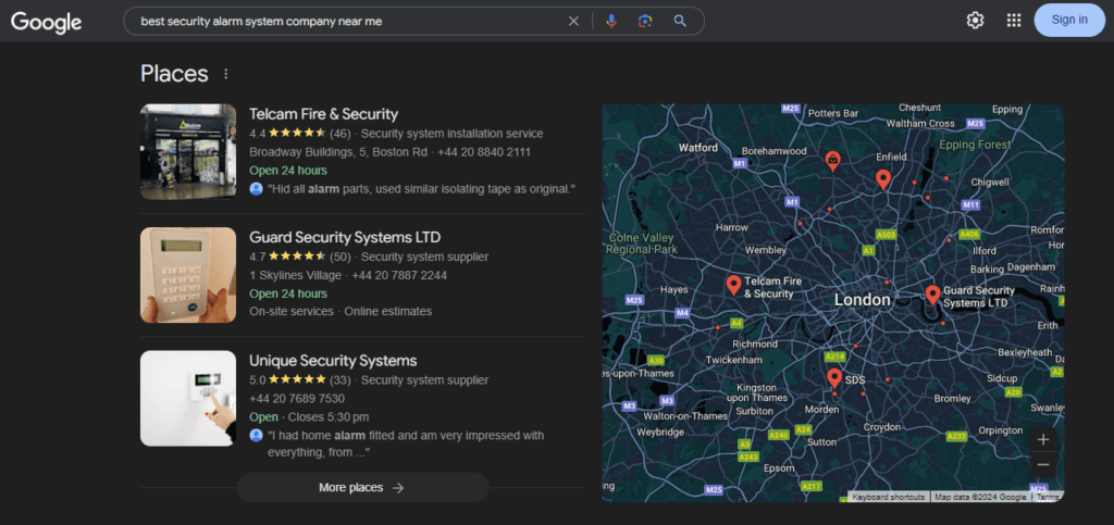 Sicherheitsunternehmen, die als Google My Business-Profile für den Suchbegriff "best security installation company near me" angezeigt werden