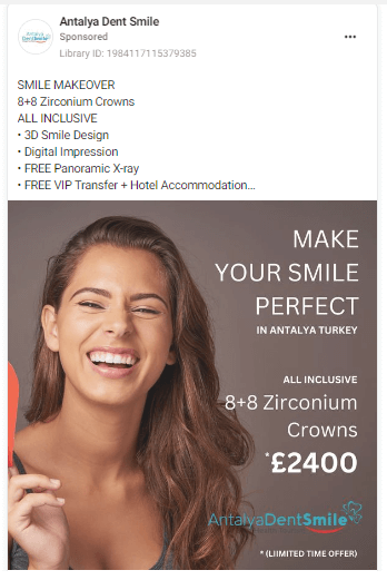 Ein Beispiel für eine Smile Makeover-Facebook-Anzeige für Zahnärzte