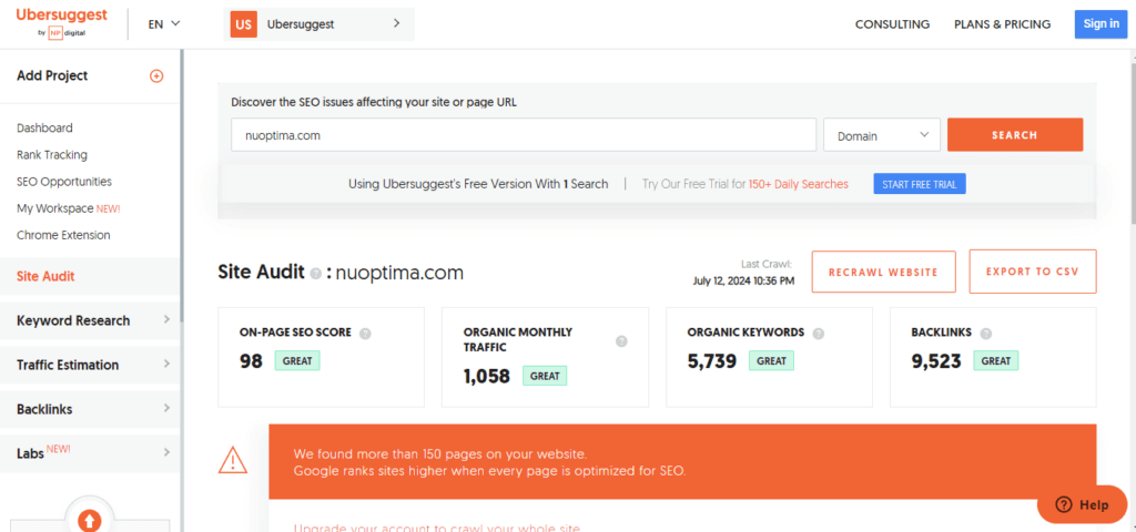 Ubersuggest site audit results for NUOPTIMA