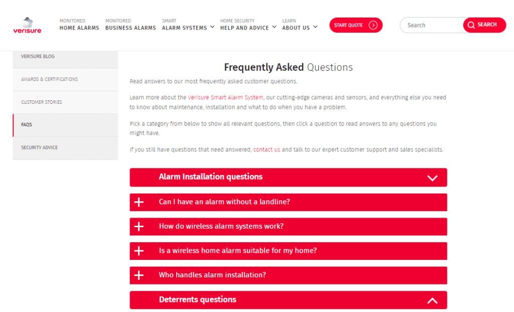 Verisure FAQs section webpage
