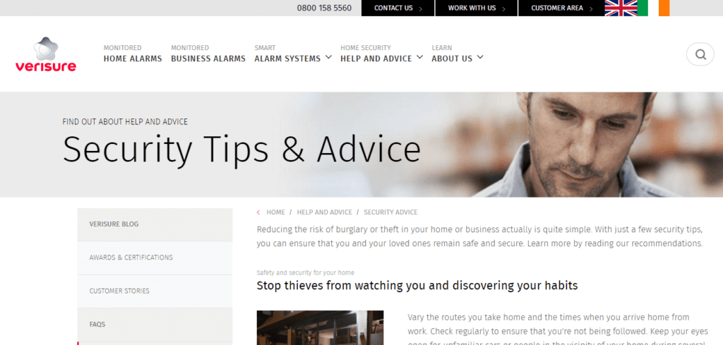 Verisure security tips and advice section webpage