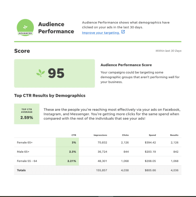 Word Streams audience performance report in its free Facebook ads performance checker