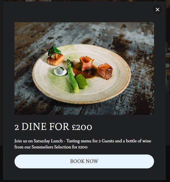 An image of a website pop-up dining promotion