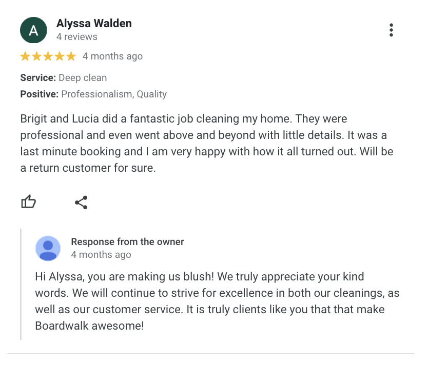 A Google customer review from Alyssa Walden about a deep cleaning service, praising professionalism and attention to detail. 