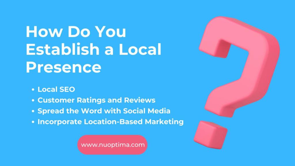 A marketing infographic on establishing a local business presence, featuring a large pink question mark. 