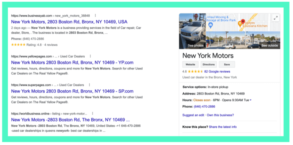 Eine Google-Suchergebnisseite für "New York Motors" in der Bronx, NY. 