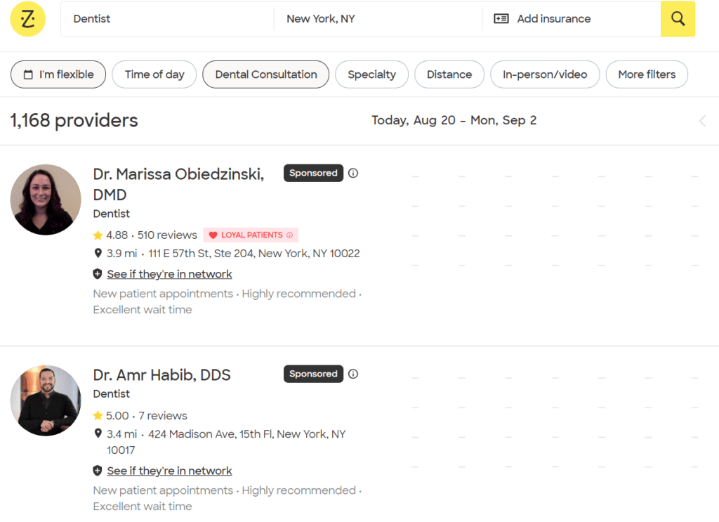 Zocdoc dentist profiles