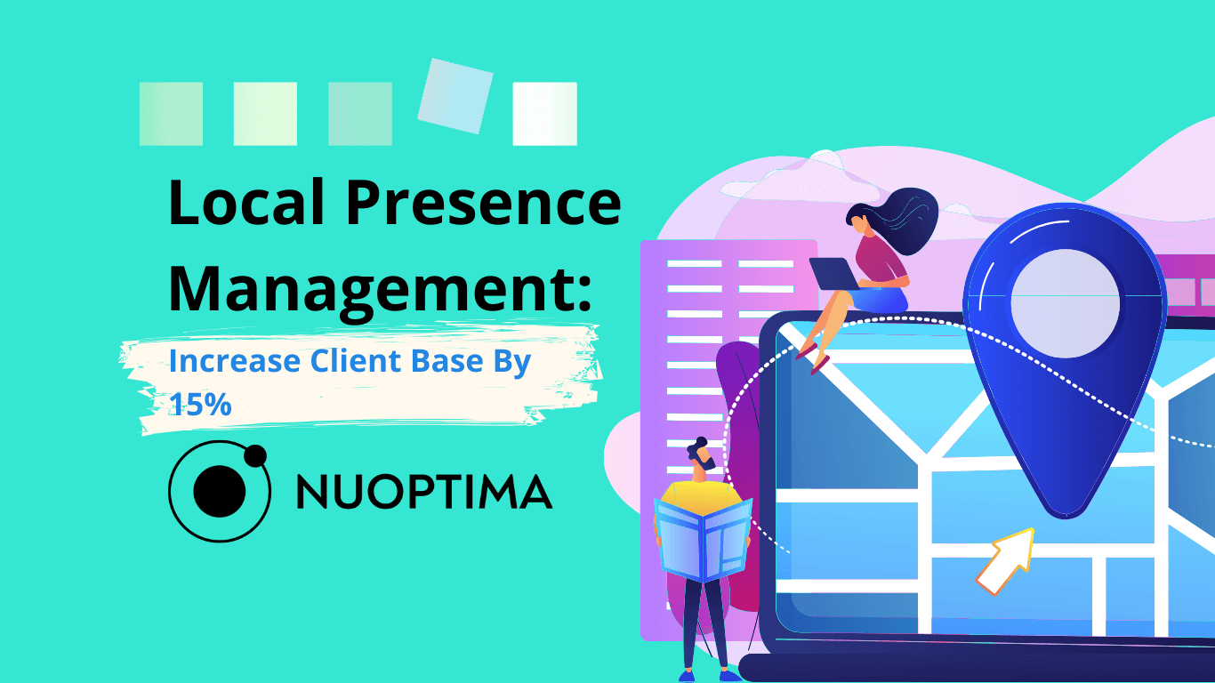 A digital advertisement promoting local presence management by Nuoptima, featuring a blue map pin icon