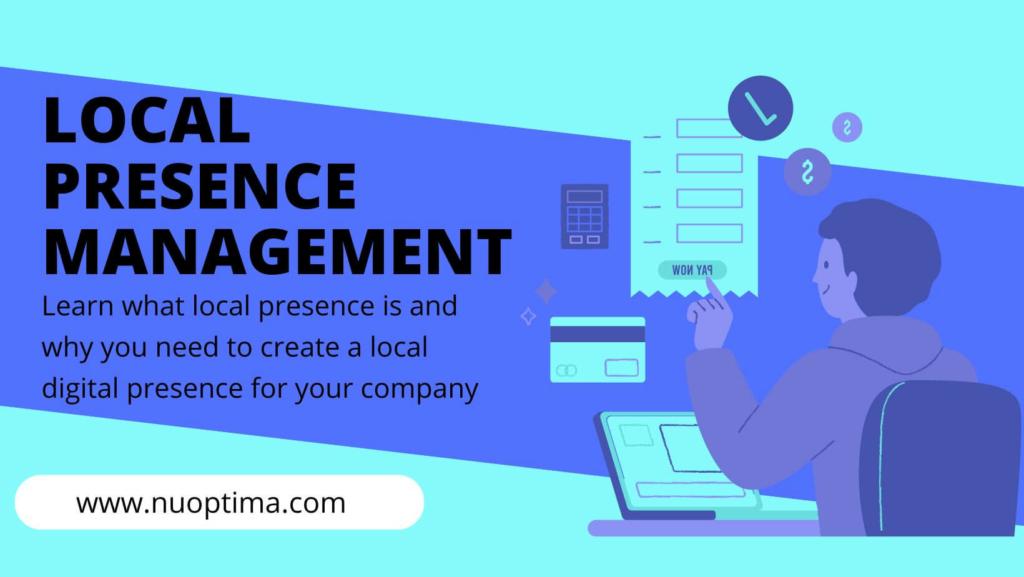 A digital graphic promoting local presence management services by Nuoptima. 