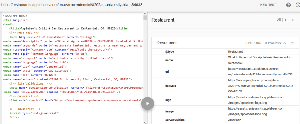 Ein Screenshot der strukturierten Datenauszeichnung auf der Website eines Restaurants. 