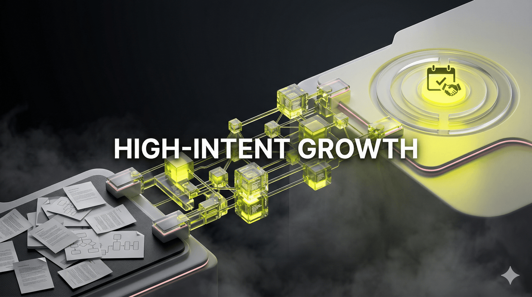 A high-resolution 3D rendering of a glowing, transparent digital bridge made of data blocks spanning a foggy chasm, connecting disorganized documents to a target symbol with a "Meeting Booked" icon.