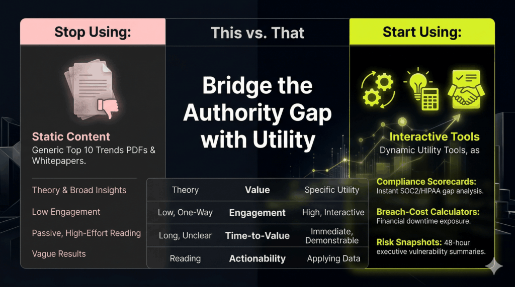 A comparison table showing passive whitepapers as "static" versus active micro-tools like compliance scorecards and breach-cost calculators as "high-utility."