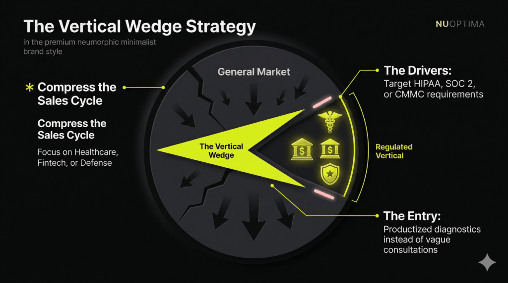 A wedge-shaped diagram slicing into a general market circle, highlighting narrow focus on regulated industries like Healthcare, Fintech, and Defense.