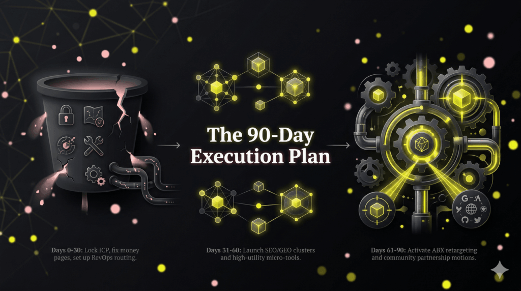 A three-step horizontal timeline: Foundation (Days 0-30), Authority (Days 31-60), and Scale (Days 61-90) for building a lead generation engine.