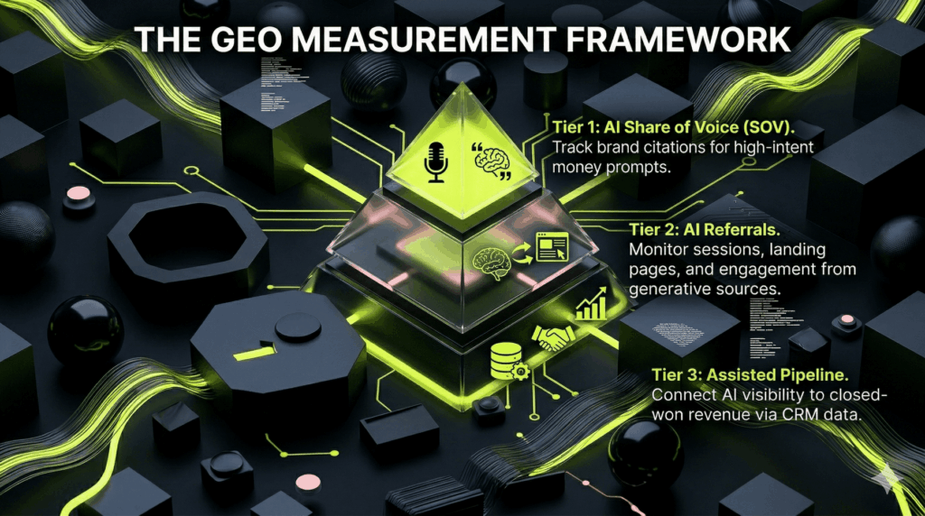 A three-tier pyramid chart illustrating a GEO measurement framework: AI Share of Voice, AI Referrals, and Assisted Pipeline.