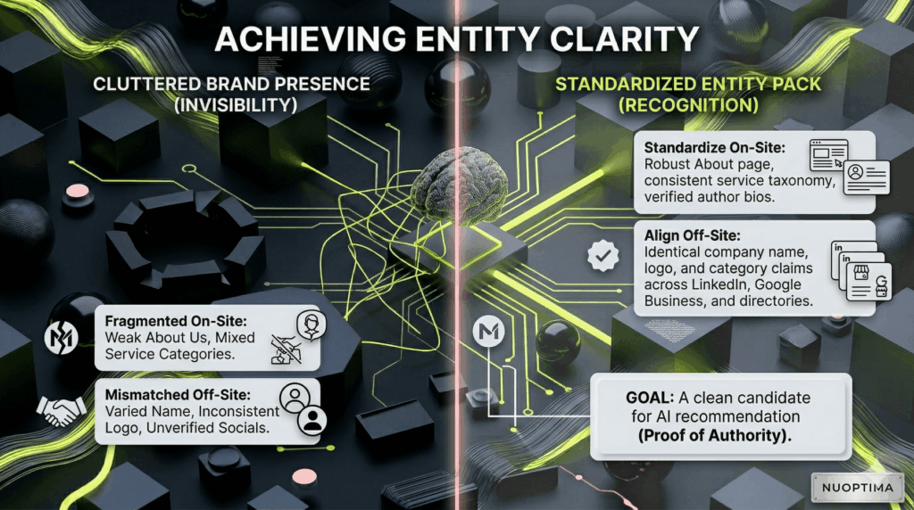 Comparison graphic contrasting a cluttered digital footprint with a standardized "Entity Pack" (About page, author bios, consistent naming) for AI clarity.