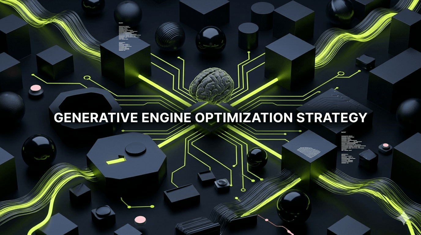 Abstract glowing digital brain with precise beams of light connecting to illuminated citation blocks, symbolizing a Generative Engine Optimization strategy.