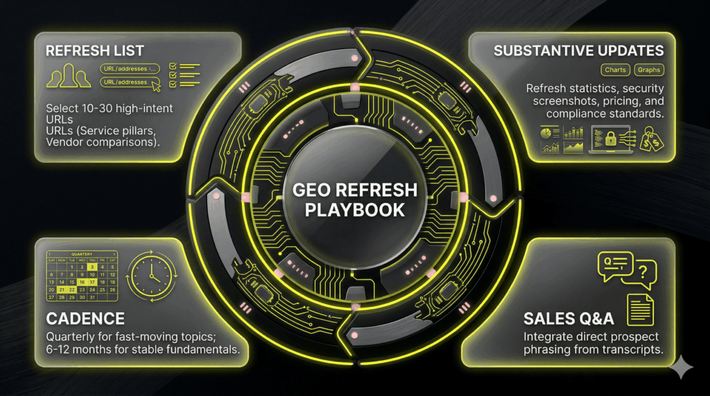 Circular timeline illustrating a recurring content refresh playbook for GEO, emphasizing updates to performance statistics and compliance standards.