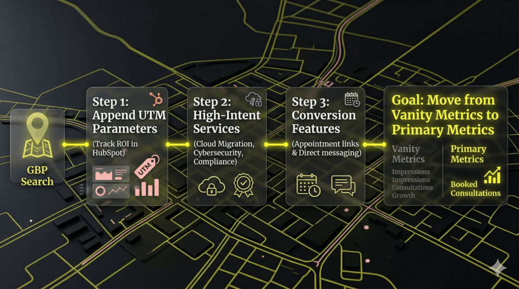 A flow diagram showing the conversion path from a GBP search with UTM parameters to a booked IT consultation and high-intent lead capture.
