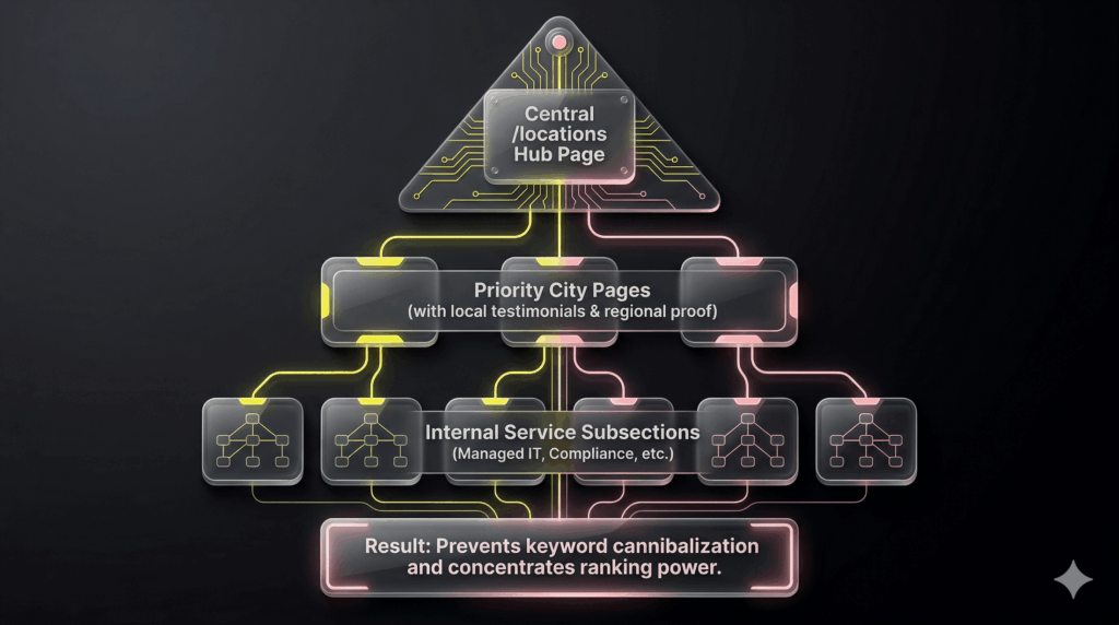 Site structure diagram for MSPs showing a central locations hub branching into priority city pages to prevent keyword cannibalization.